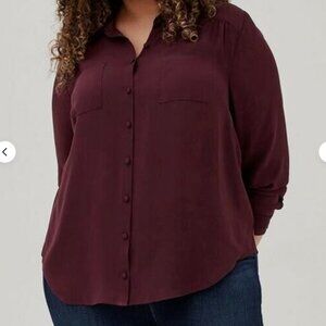 Torrid Size 4 Madison Georgette Button-Up Long Sleeve Shirt Burgundy